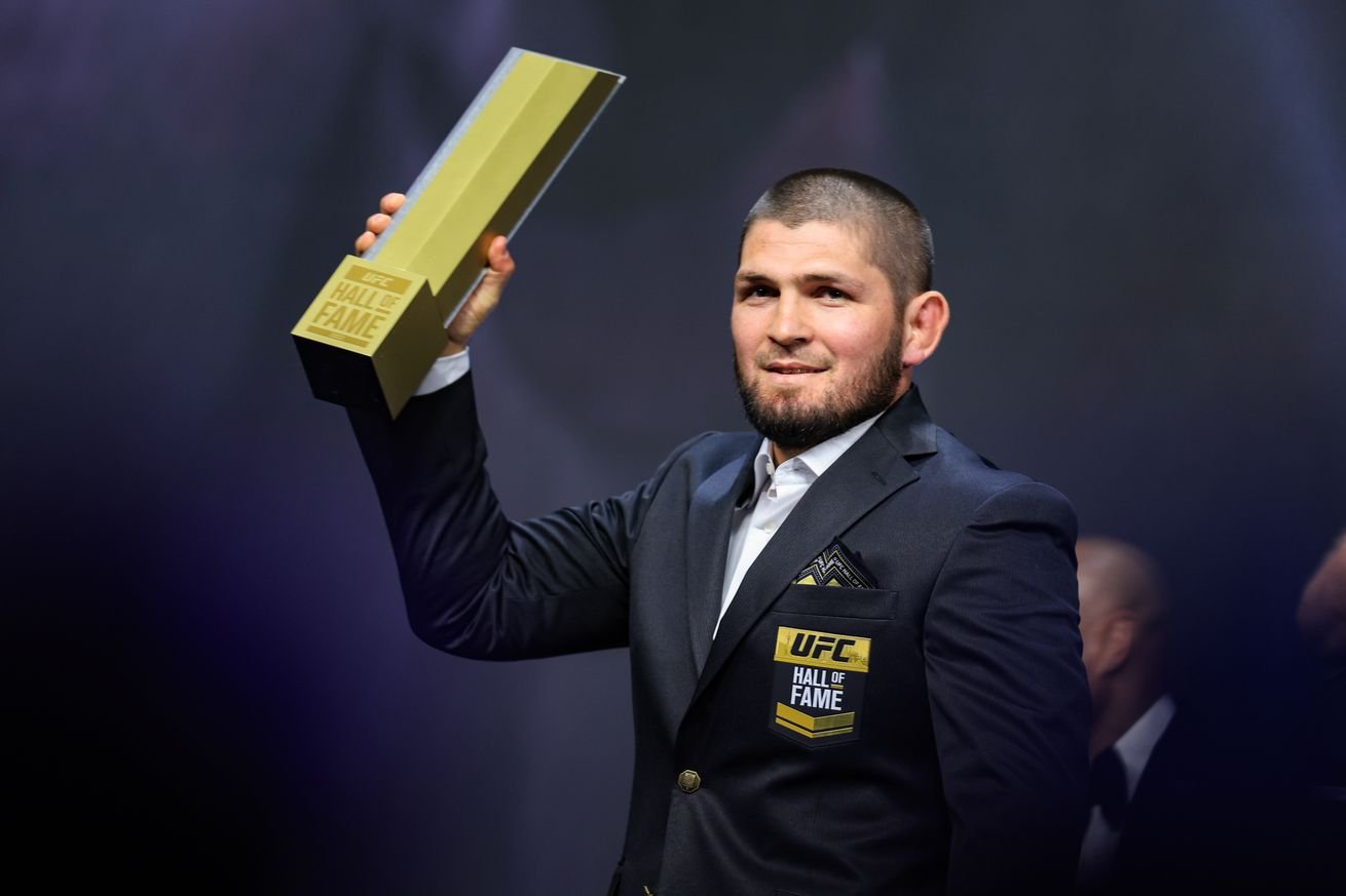 Khabib Nurmagomedov being inducted into the UFC Hall of Fame.